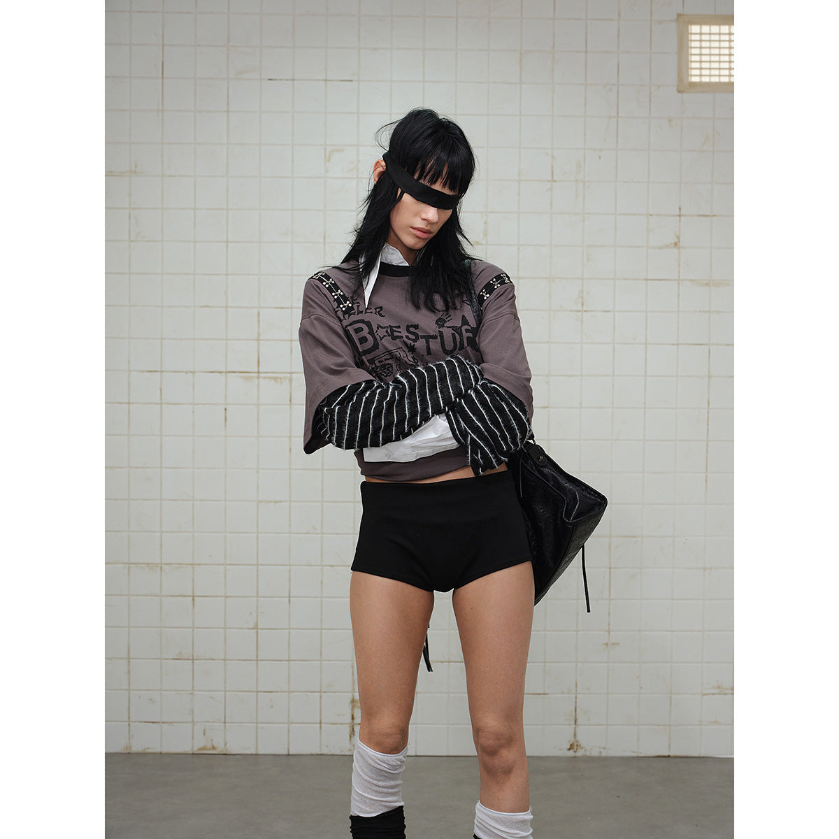 Women's Layered Look T-Shirt with Striped Sleeves and Graffiti Print Chichicherry