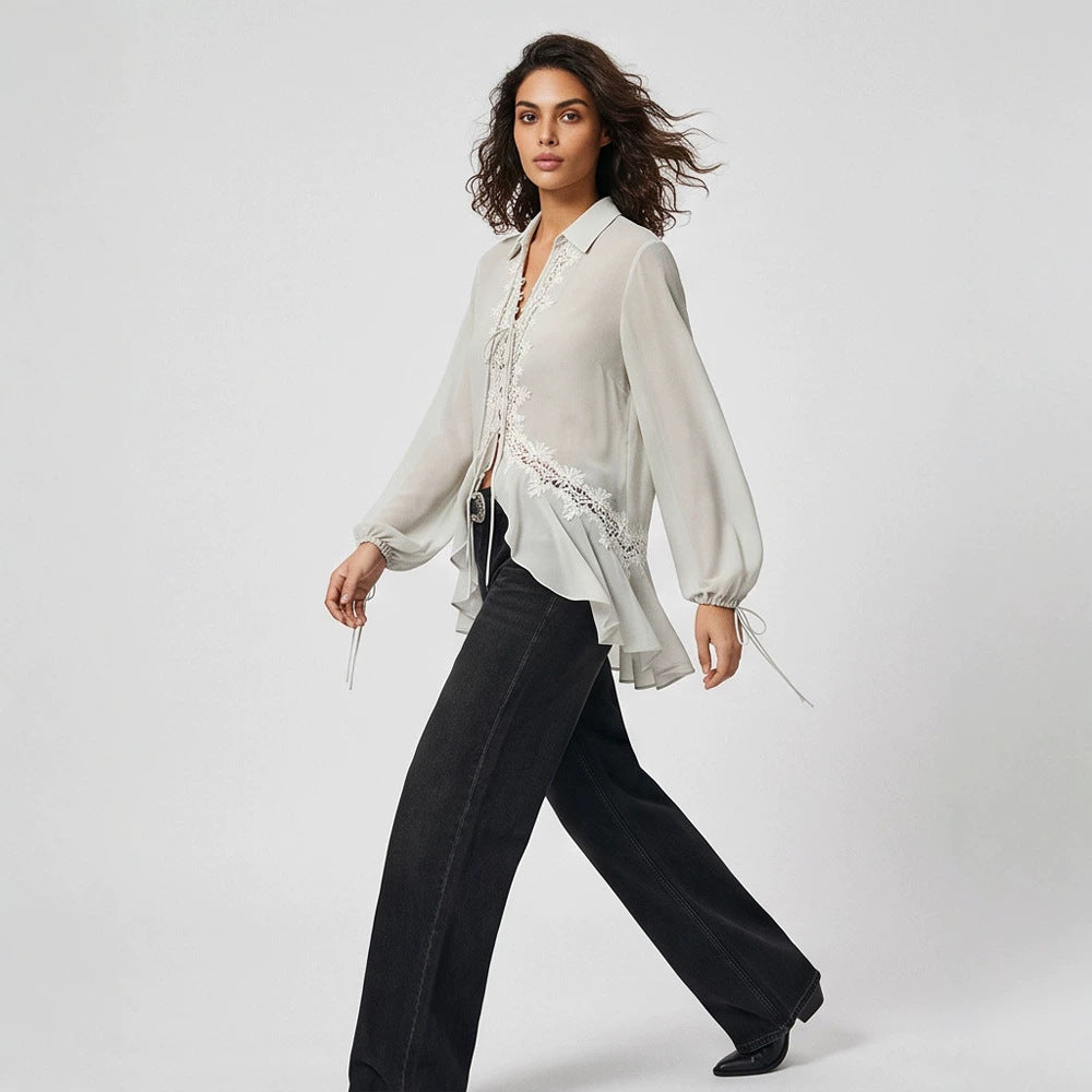 Women Transparent Chiffon Blouse with Lace Trim, Tie Band & Asymmetrical Ruffle Hem Chichicherry