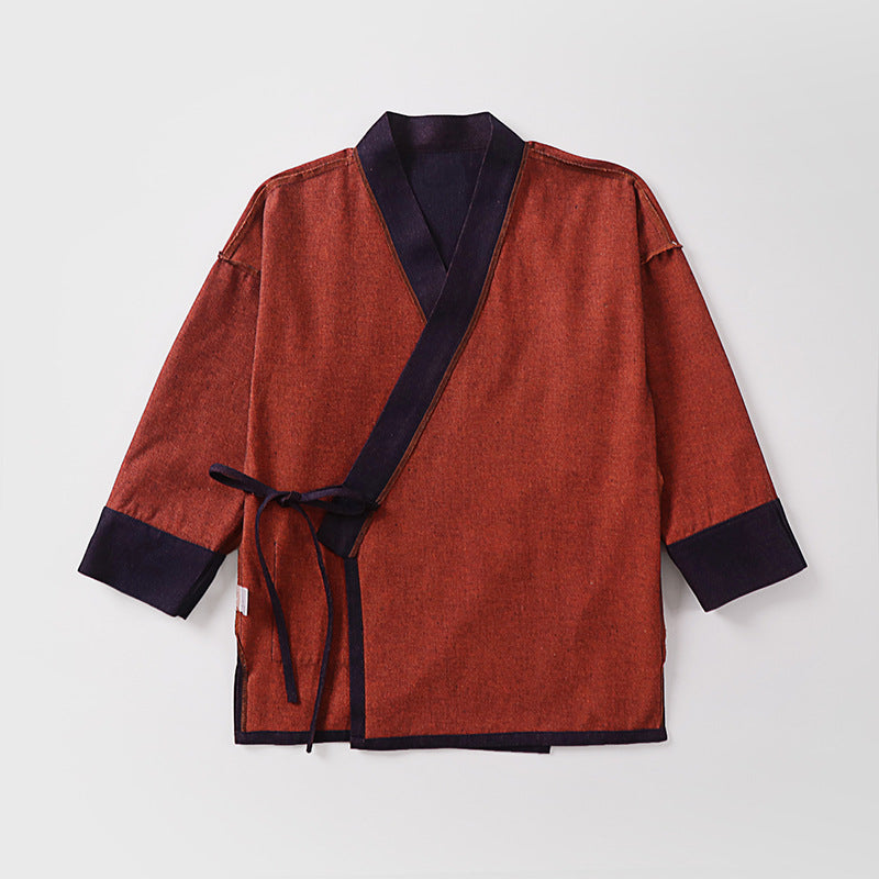 Unisex Lightweight Wrap Kimono Jacket made of Linen-Cotton Blend with Contrast Trim and Tie Belt Chichicherry