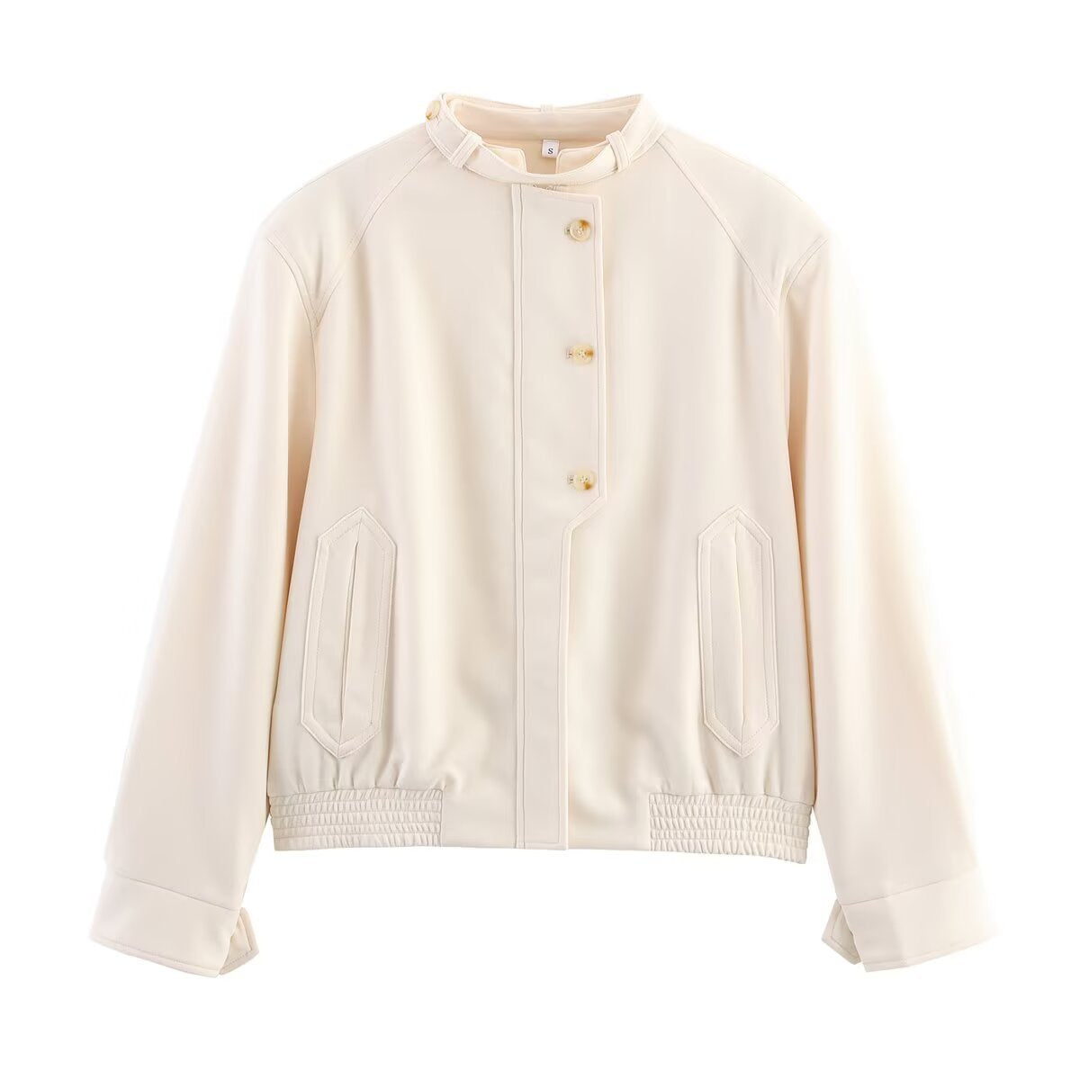 Women's short-cut blouson jacket made of soft scuba fabric with a stand-up collar and decorative button placket Chichicherry