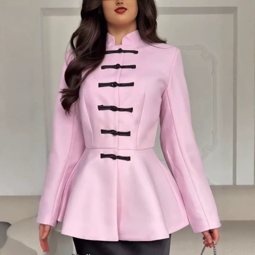 Women's Tailored Peplum Jacket with Stand Collar and Decorative Toggle Fasteners Chichicherry