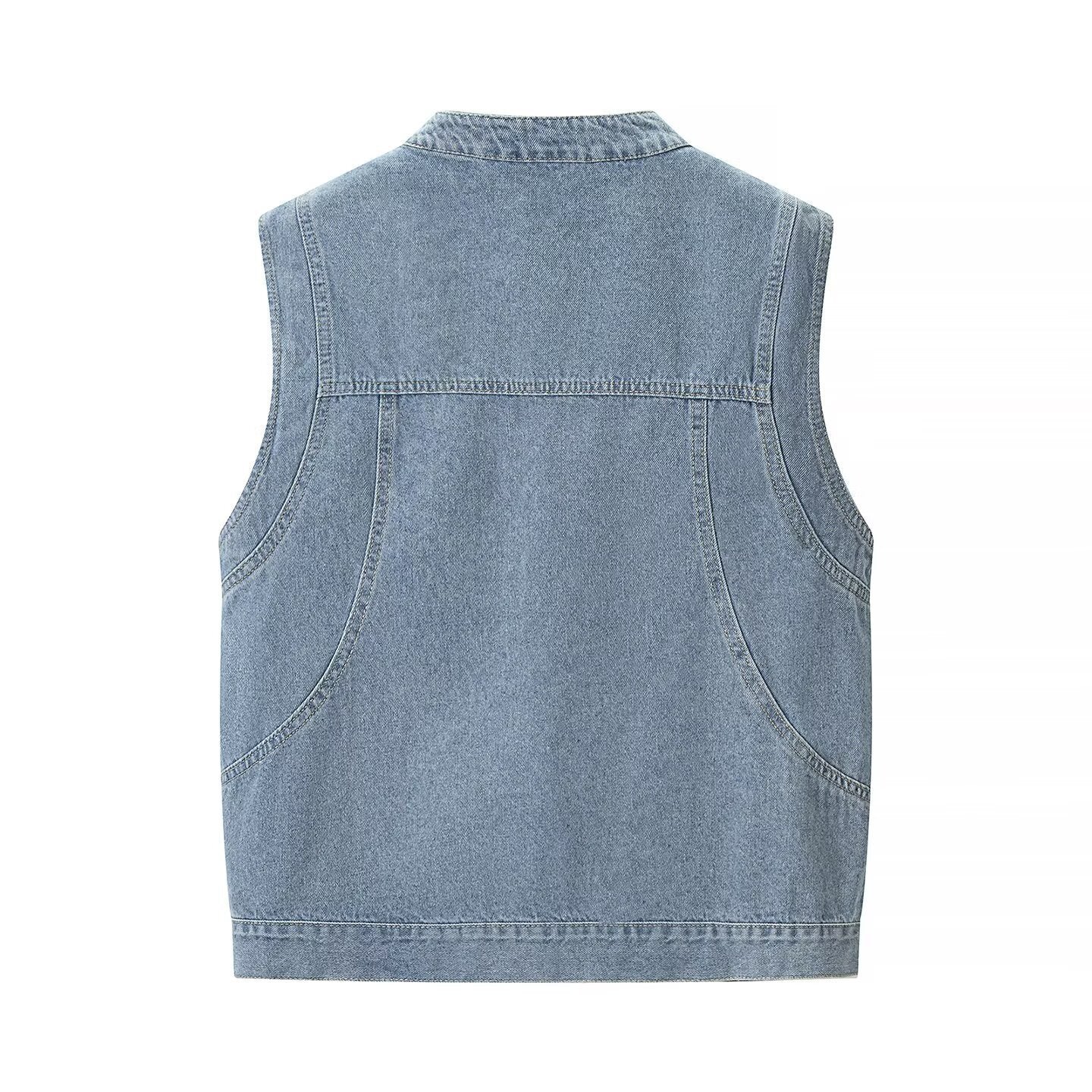 Women's jeans vest with stand-up collar, full-length button placket, and patch pockets Chichicherry