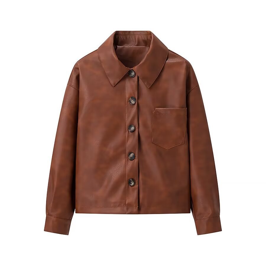 Women's Overshirt Jacket in Leather Look with Attached Breast Pocket and Concealed Button Placket Chichicherry