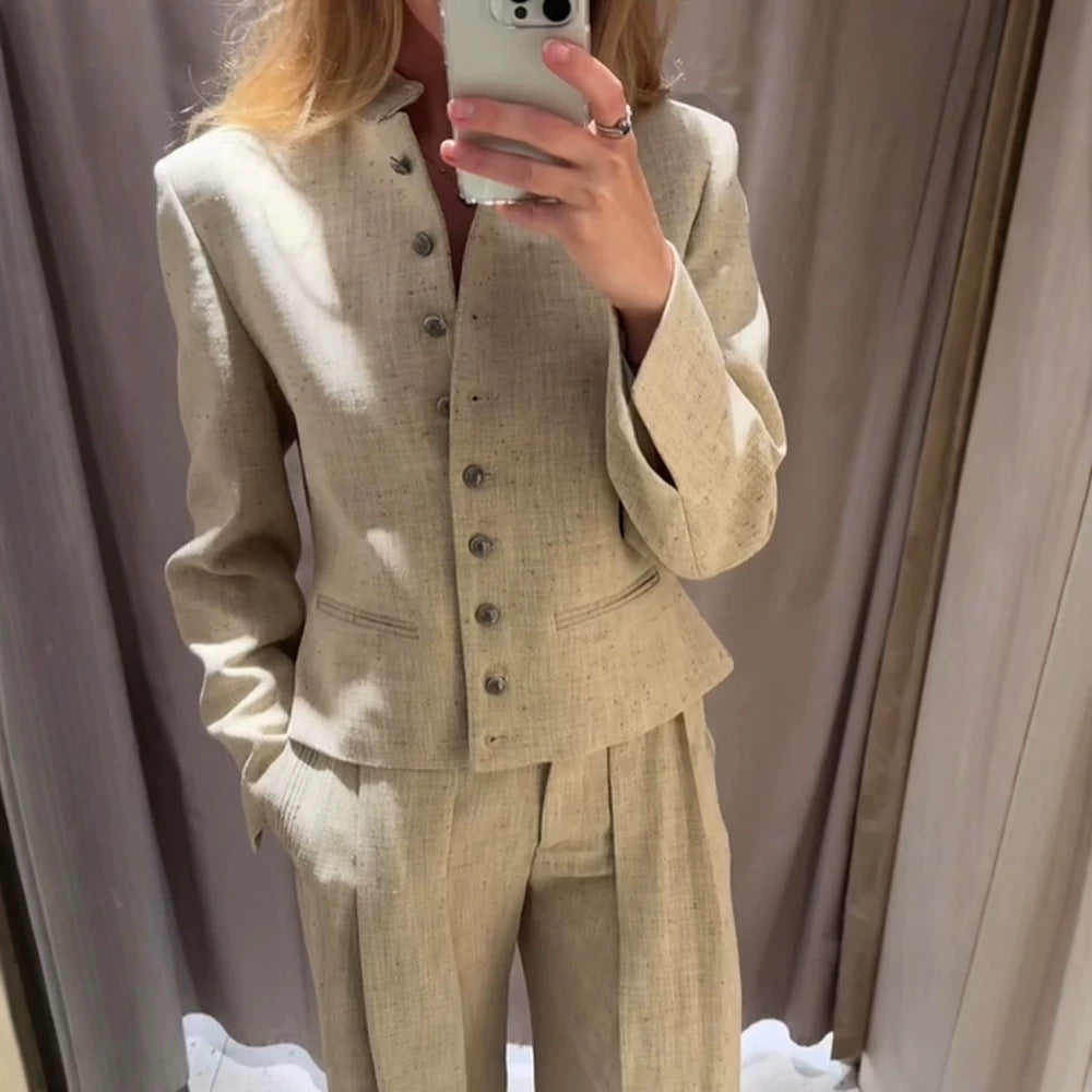 Women's stand collar jacket with metal buttons and wide pleated trousers Chichicherry