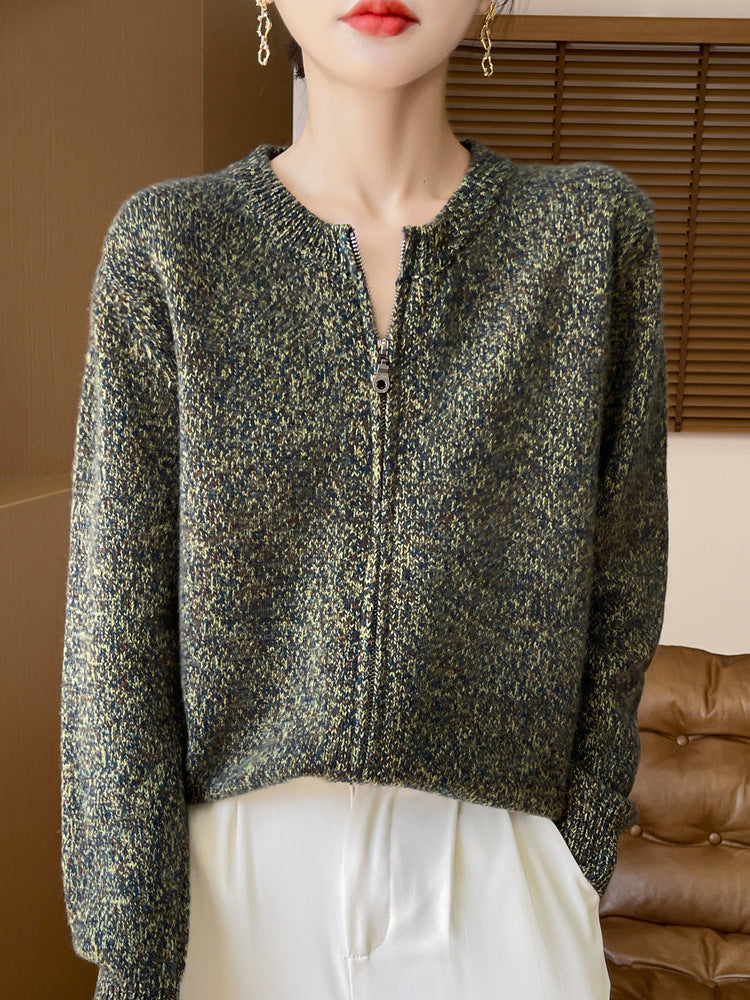 Women Mélange Zip Cardigan with Two-Way Zipper and Ribbed Cuffs Chichicherry