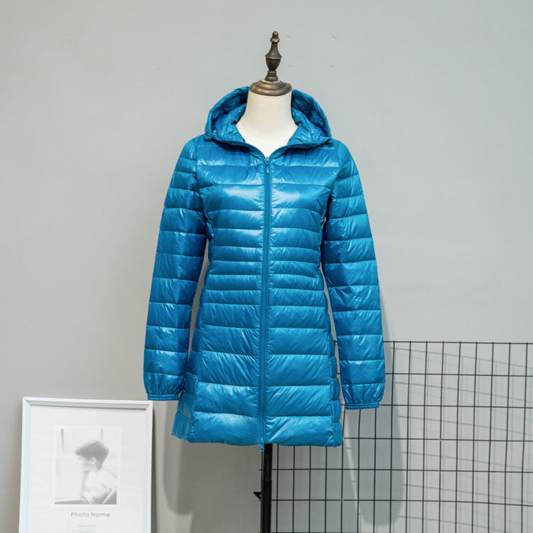 Women's Lightly Quilted Long Jacket with Hood and Slim Silhouette Chichicherry