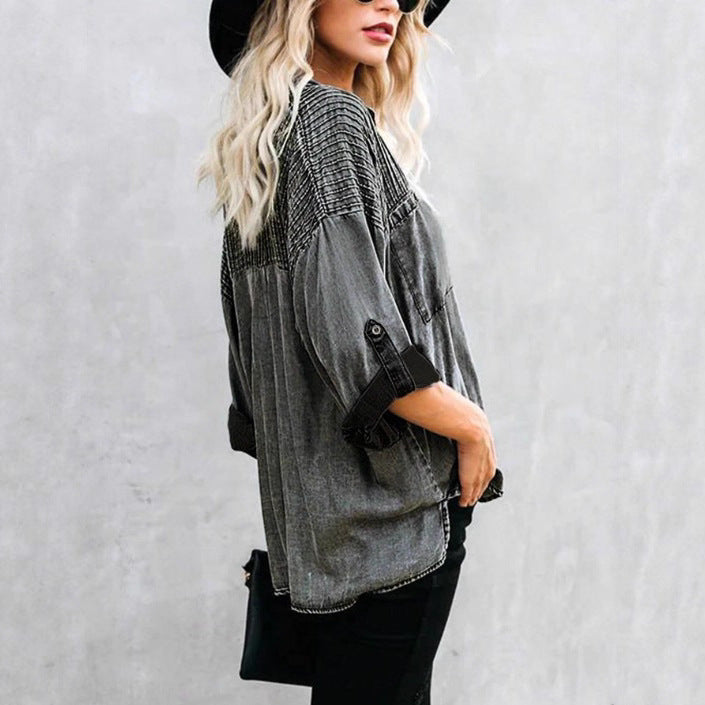 Women's Oversized Denim Blouse with Quilted Yoke, Button Placket and Patch Chest Pockets Chichicherry