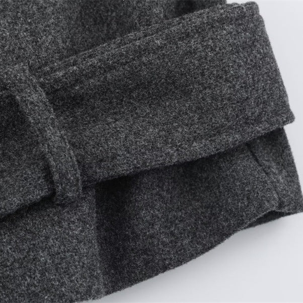 Men's short double-breasted wool coat with stand collar and waist belt Chichicherry