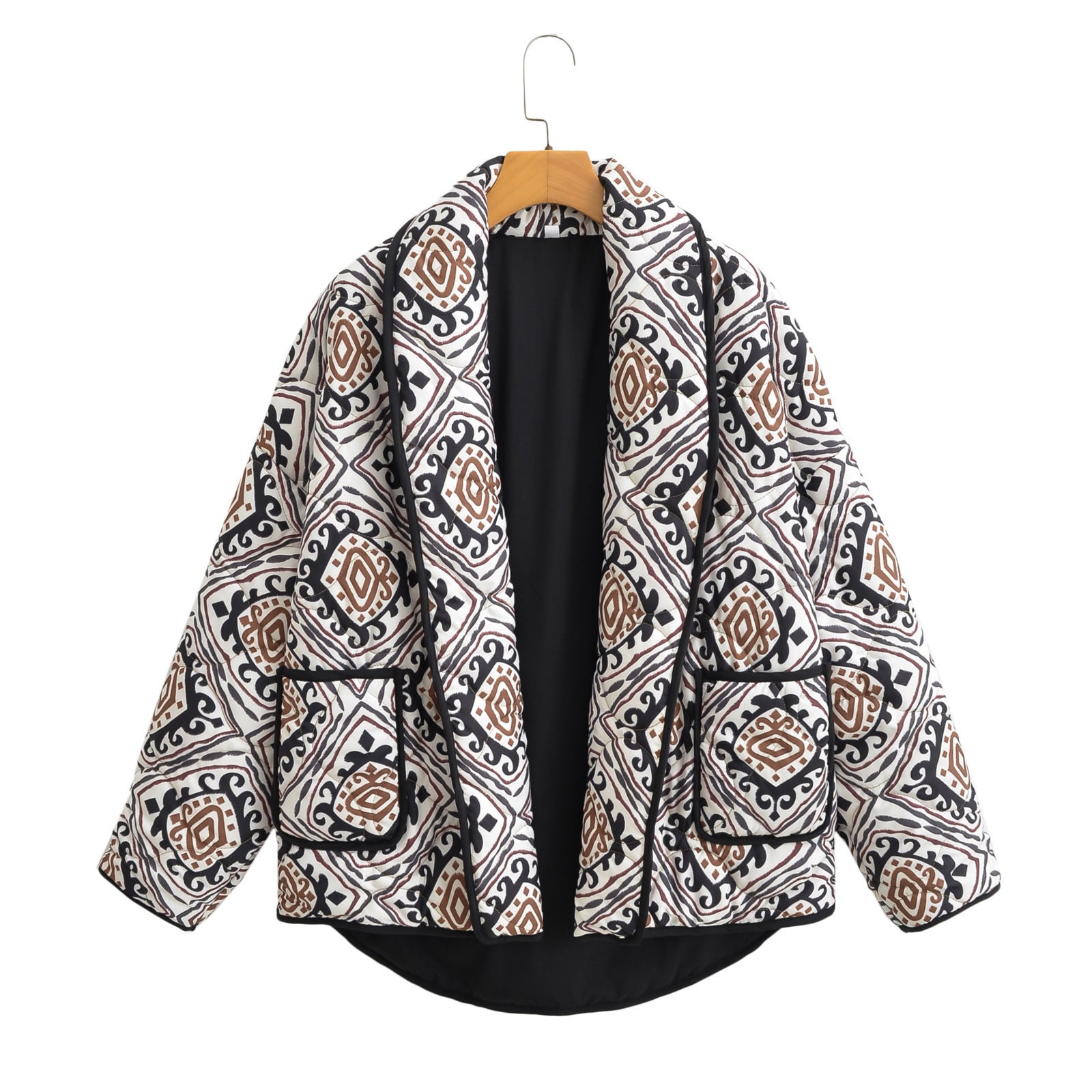 Women's Quilted Kimono Jacket with Ethno Print, Contrast Piping and Patch Pockets Chichicherry