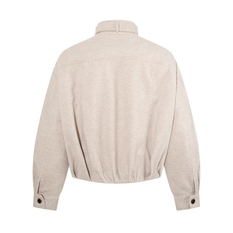 Women's short wool bomber jacket with high stand collar, waist belt and concealed zipper Chichicherry