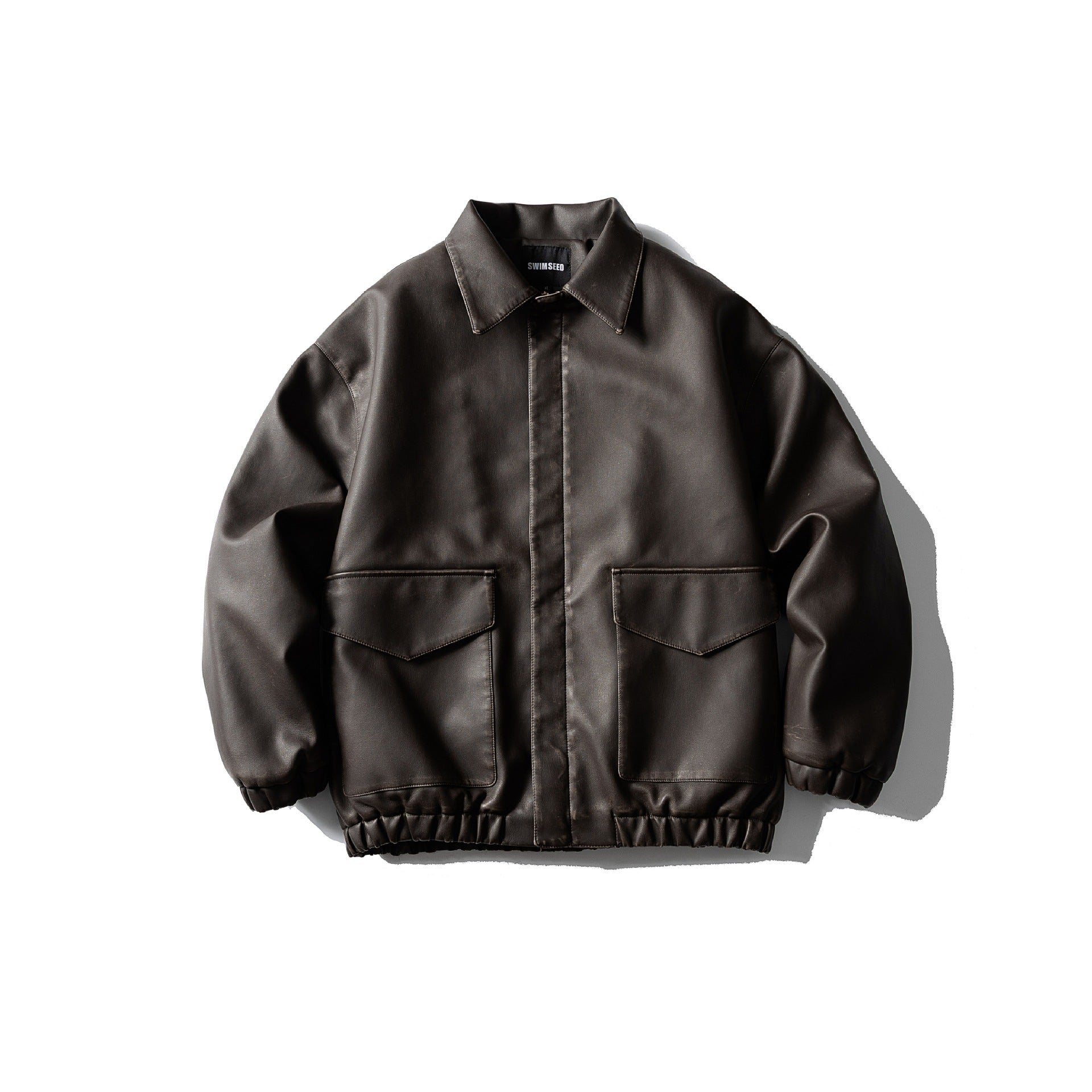 Men's Oversized Faux Leather Bomber Jacket with Flap Pockets, Concealed Closure and Elastic Hem Chichicherry