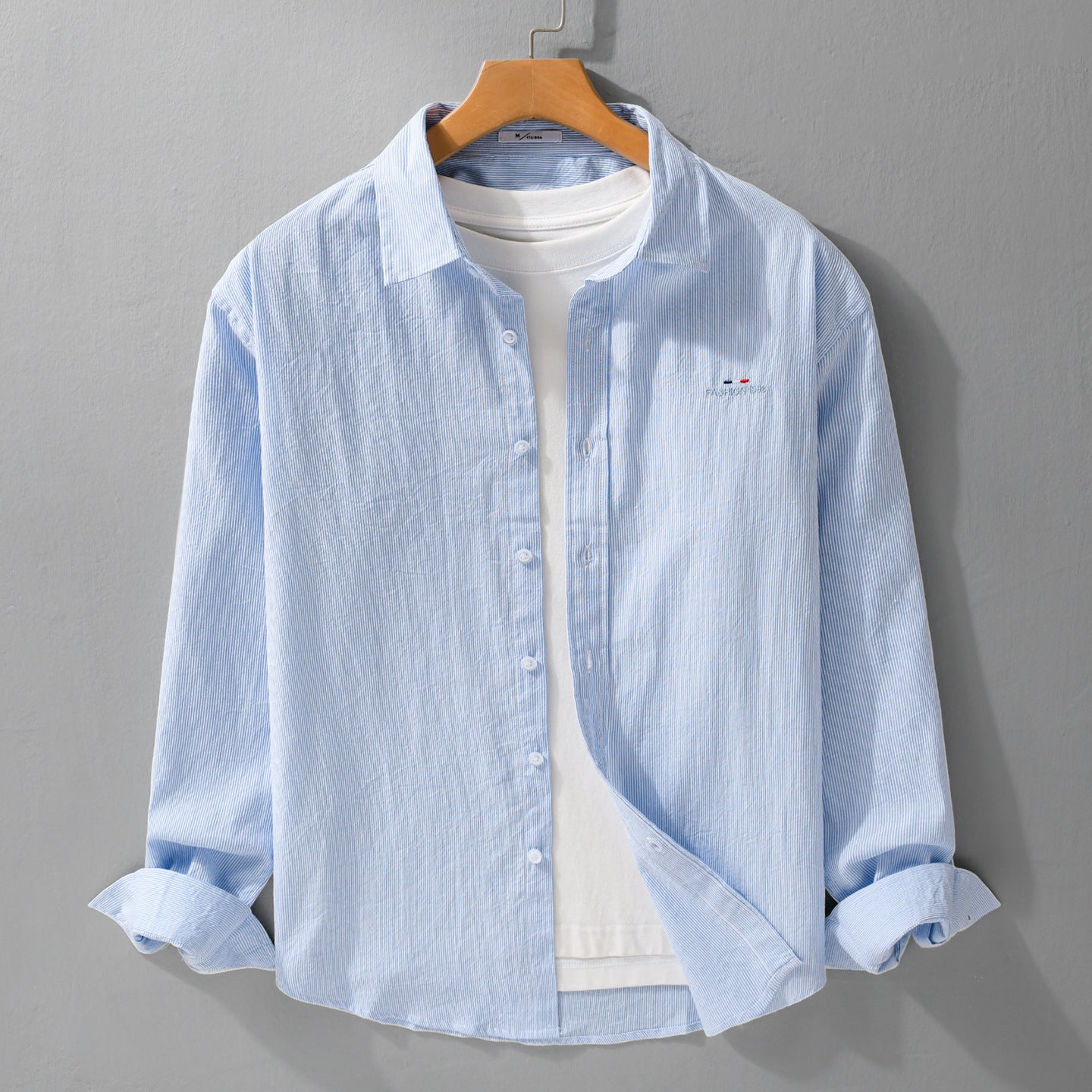 Men's Light Long Sleeve Shirt with Fine Pinstripes and Chest Embroidery Chichicherry