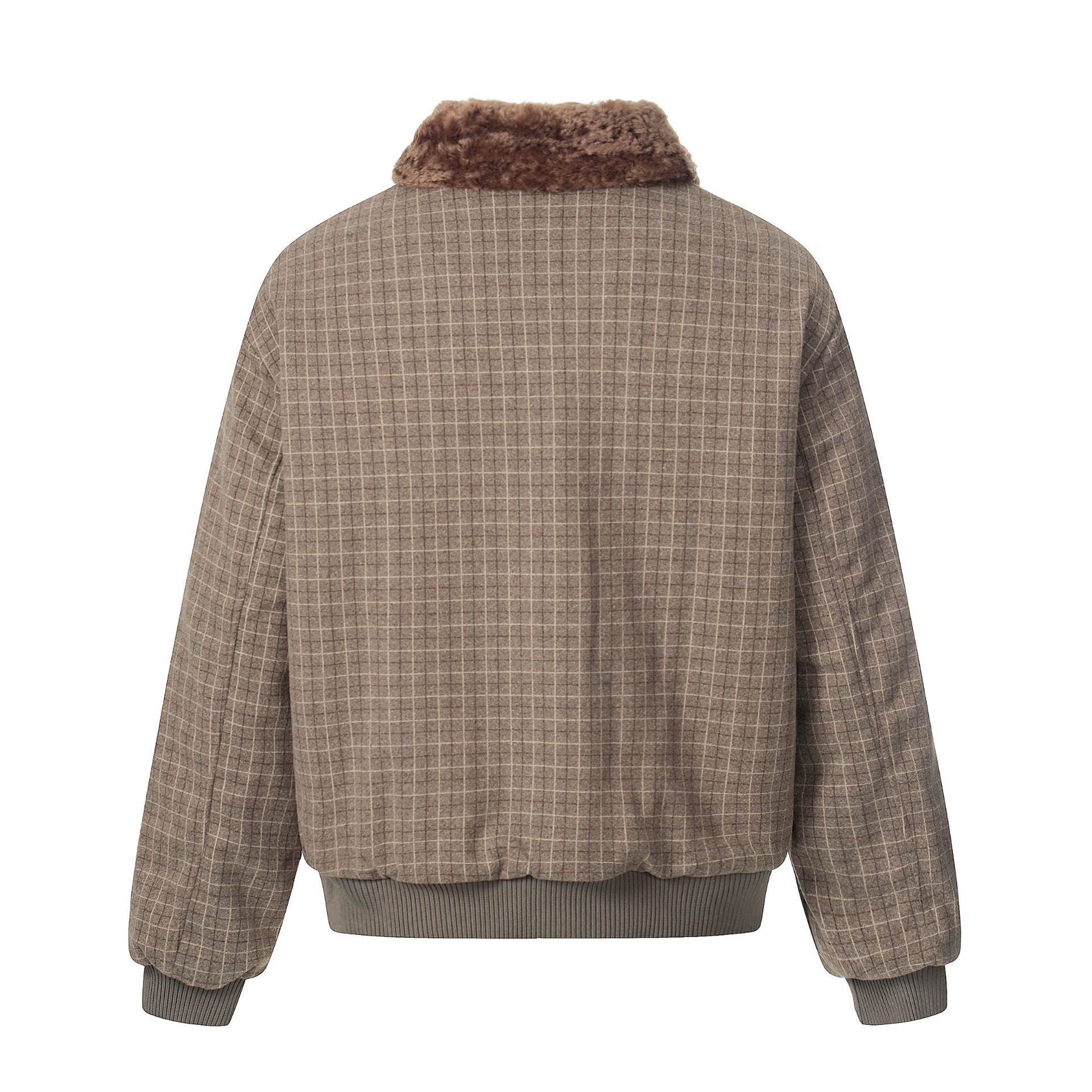 Men's Short Boxy Blouson in Wool Blend with Teddy Collar and Check Quilting Chichicherry