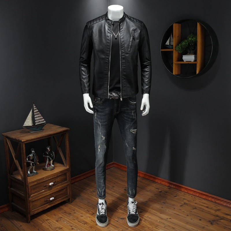 Men's Slim Leather Jacket in Biker Look with Stand-Up Collar and Vertical Chest Pocket Chichicherry