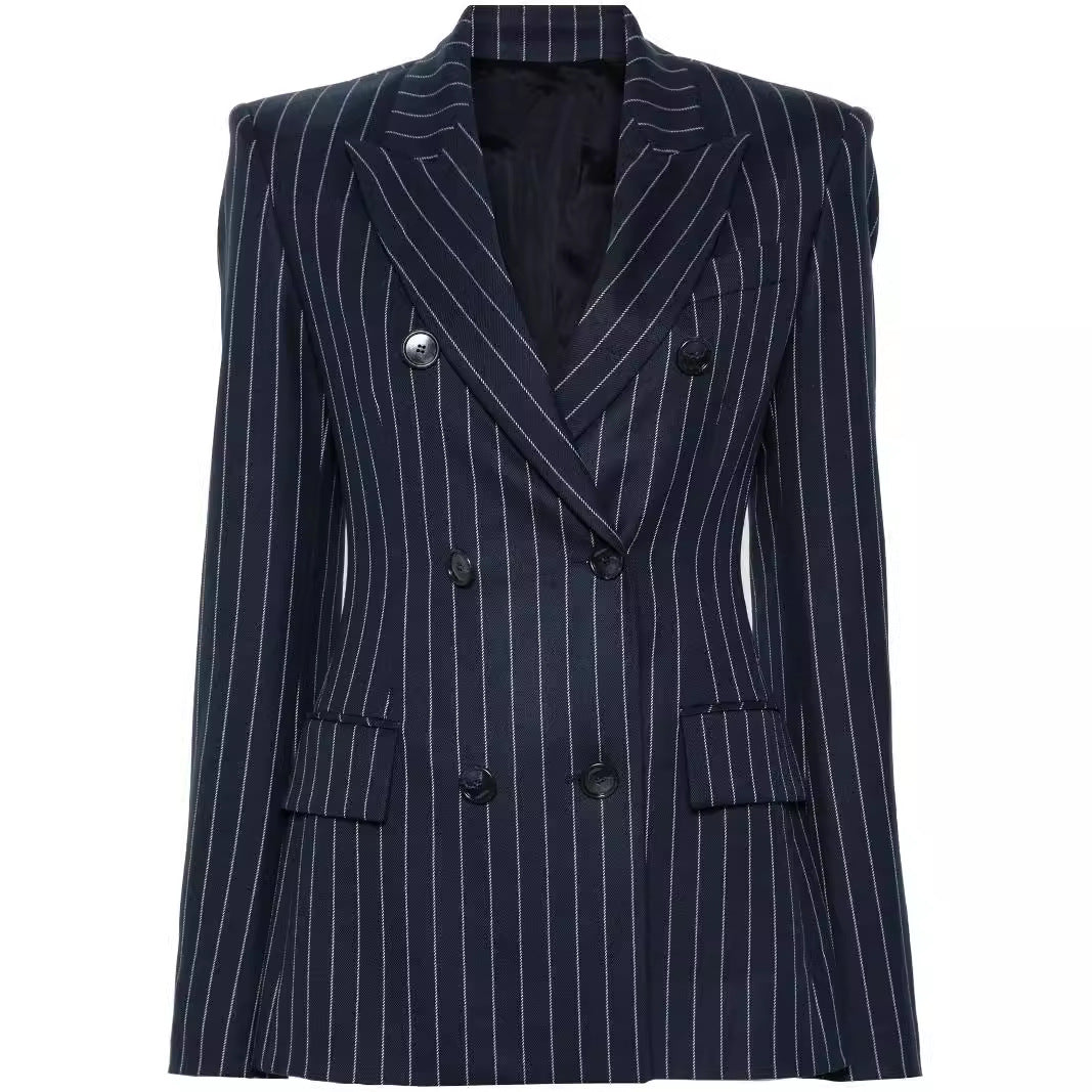 Women's Pinstripe Double-Breasted Blazer with High-Waist Flared Pants Chichicherry