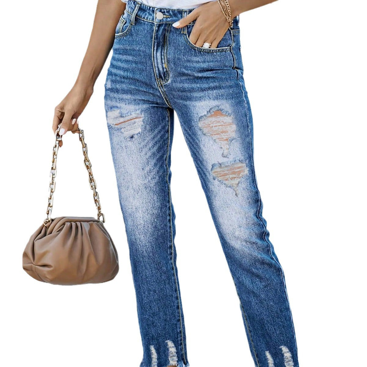 Ladies High-Waist Straight Jeans with Destroyed Details and Frayed Hem Chichicherry