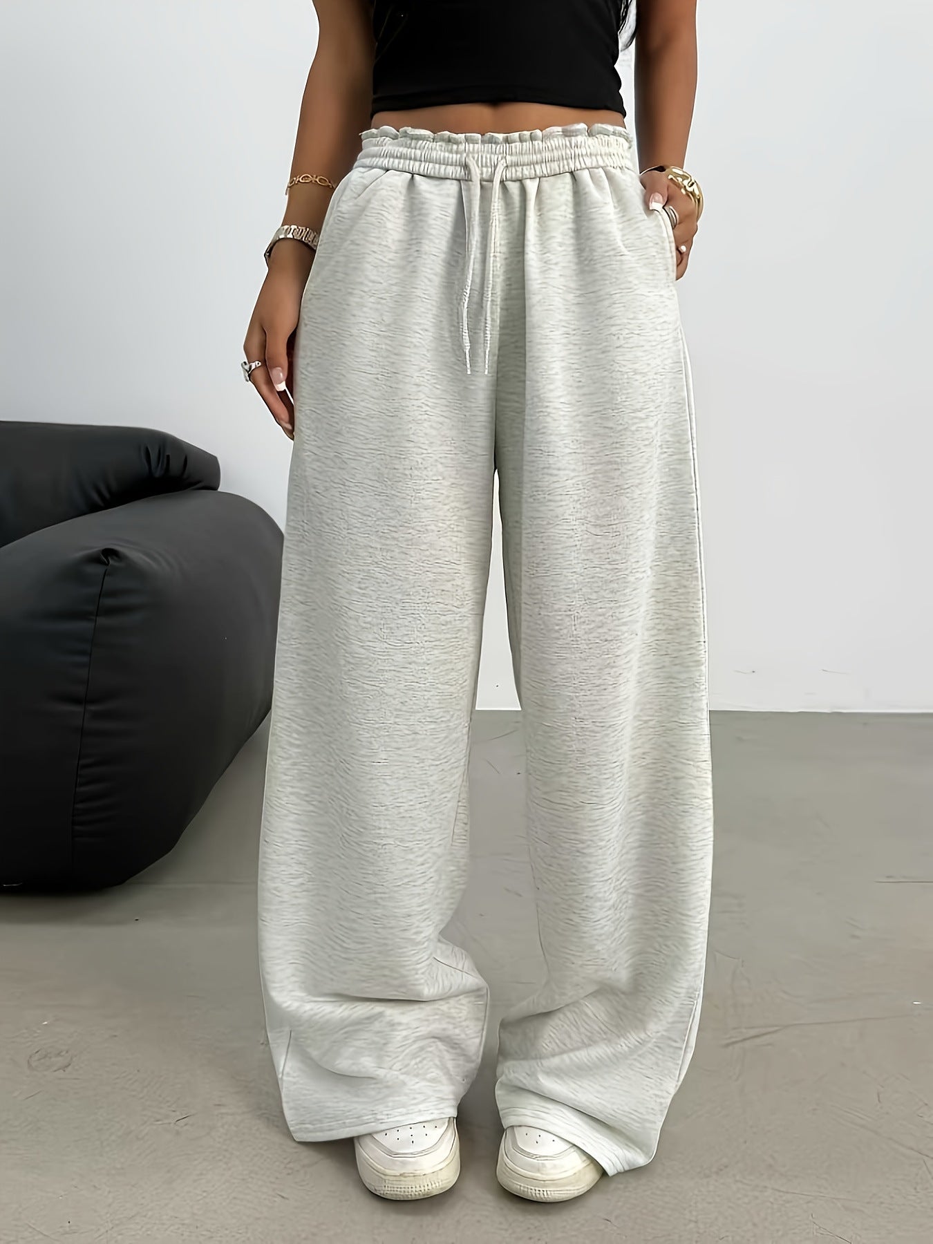 Women's Wide High-Waist Lounge Pants with Elastic Waistband and Drawstring Chichicherry