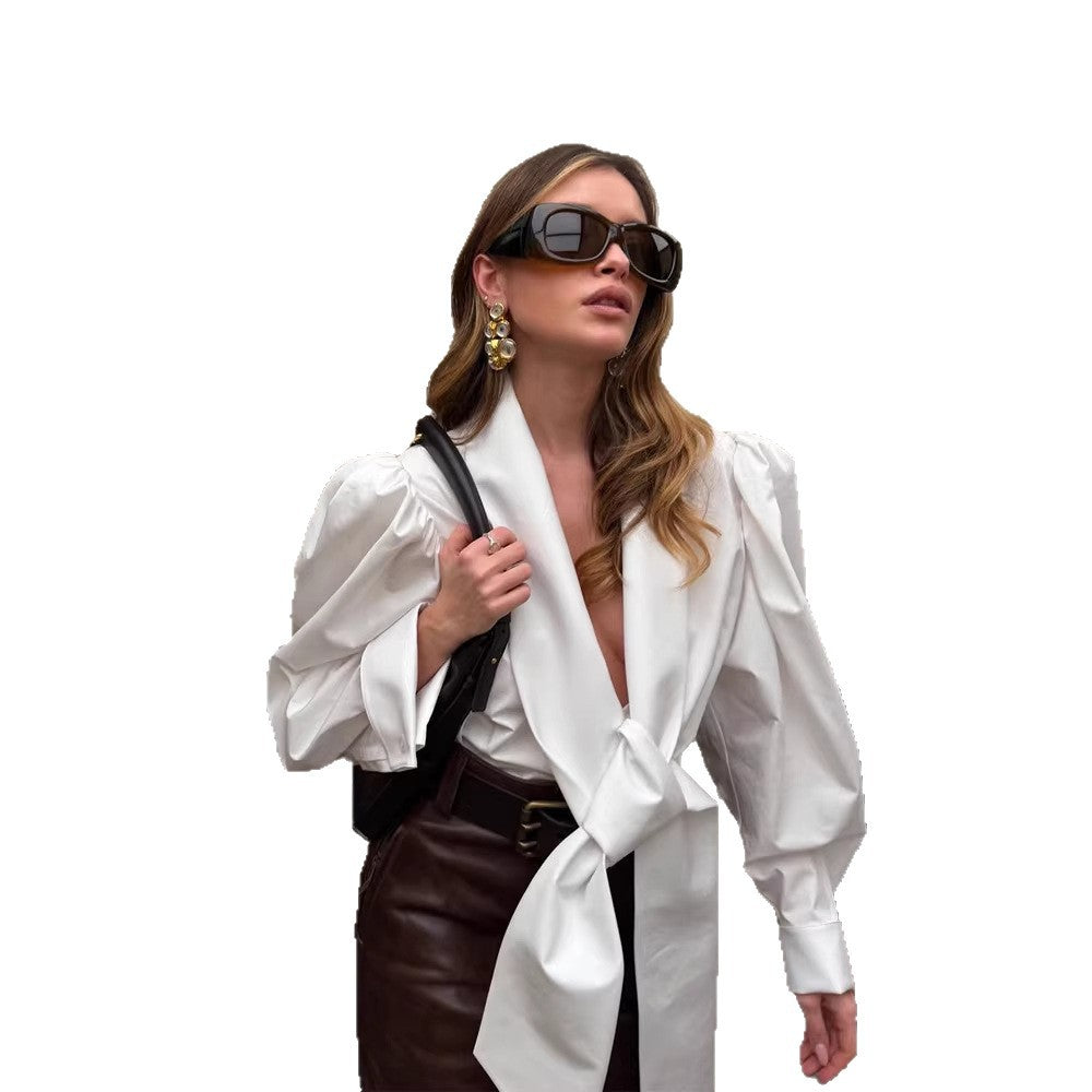 Women Tailored Blouse with XXL Volume Sleeves and Front Knot Chichicherry