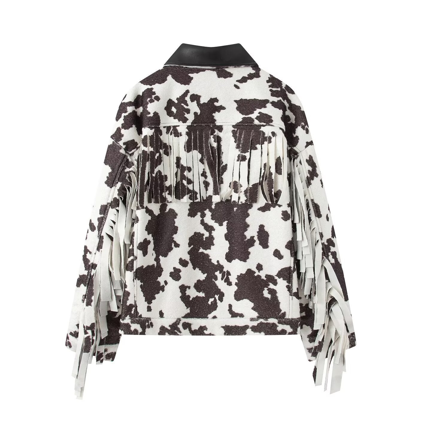 Women’s Short Jacket in Trucker Style with Cow Spot Pattern and Faux Leather Collar Chichicherry