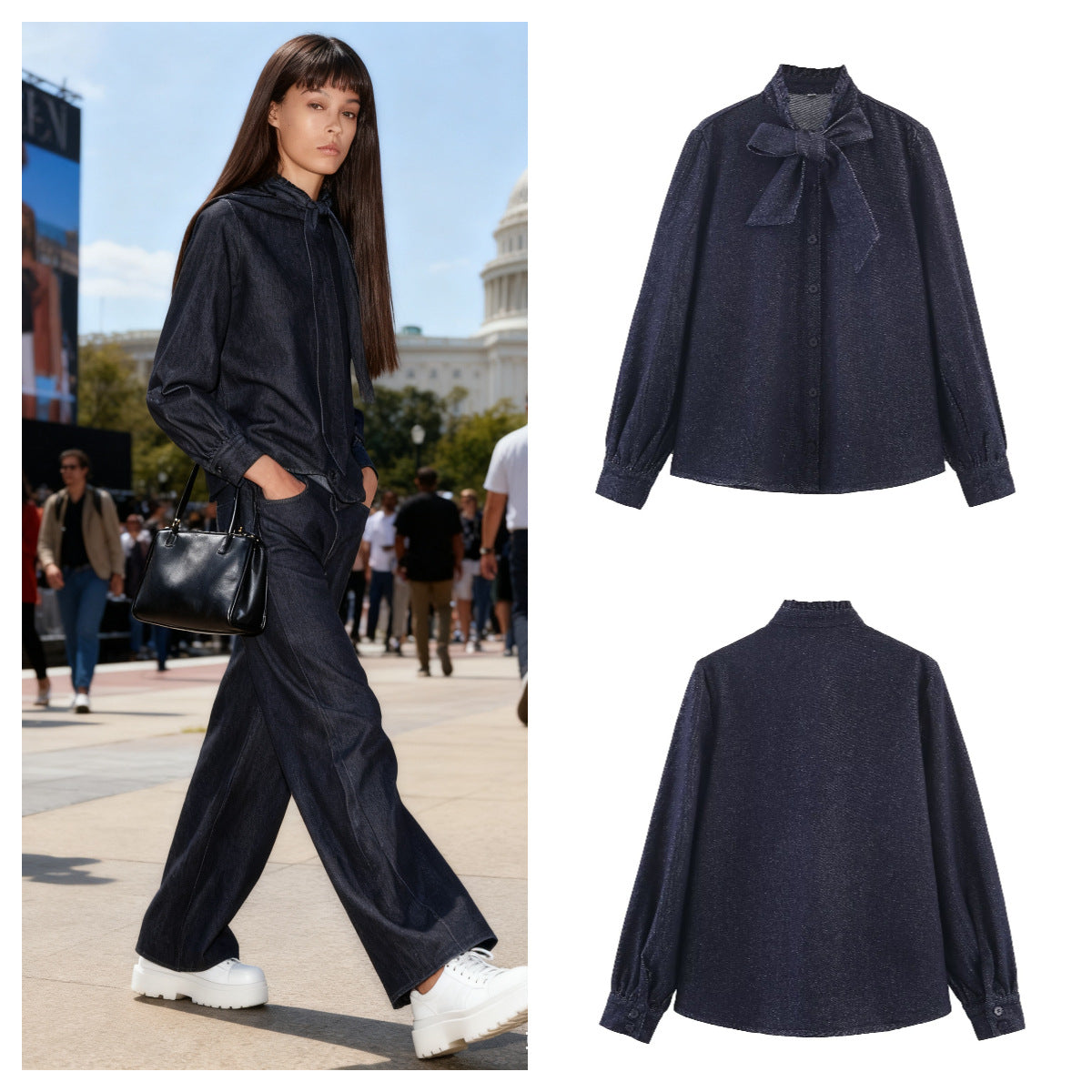 Women's Shimmering Blouse with Bow Collar and Button Placket Chichicherry