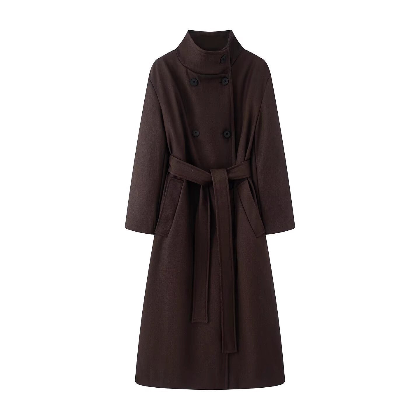 Women oversized wool blend coat with stand-up collar and tie belt Chichicherry