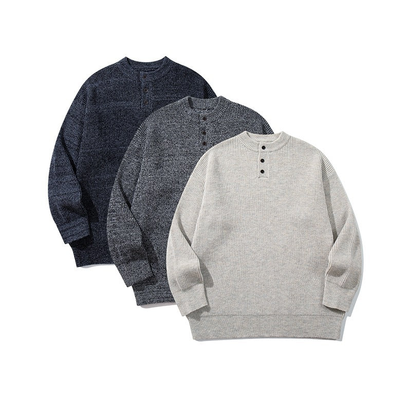 Unisex Oversize Chunky Knit Henley Sweater with Melange Structure and Ribbed Finishes Chichicherry