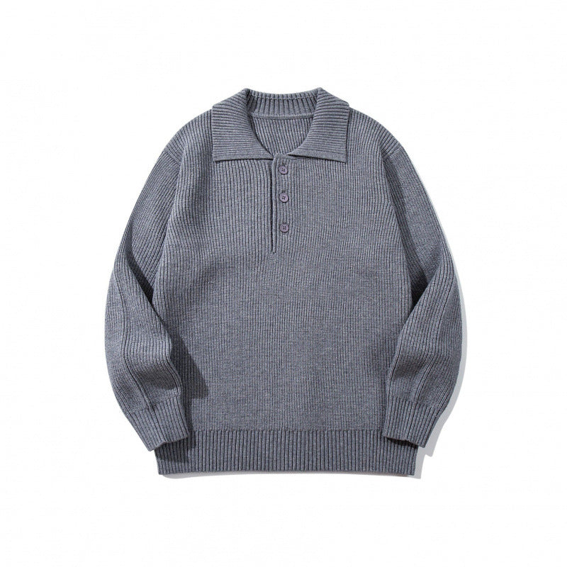 Men's fine-knit polo sweater with shirt collar, button placket, and ribbed hem Chichicherry
