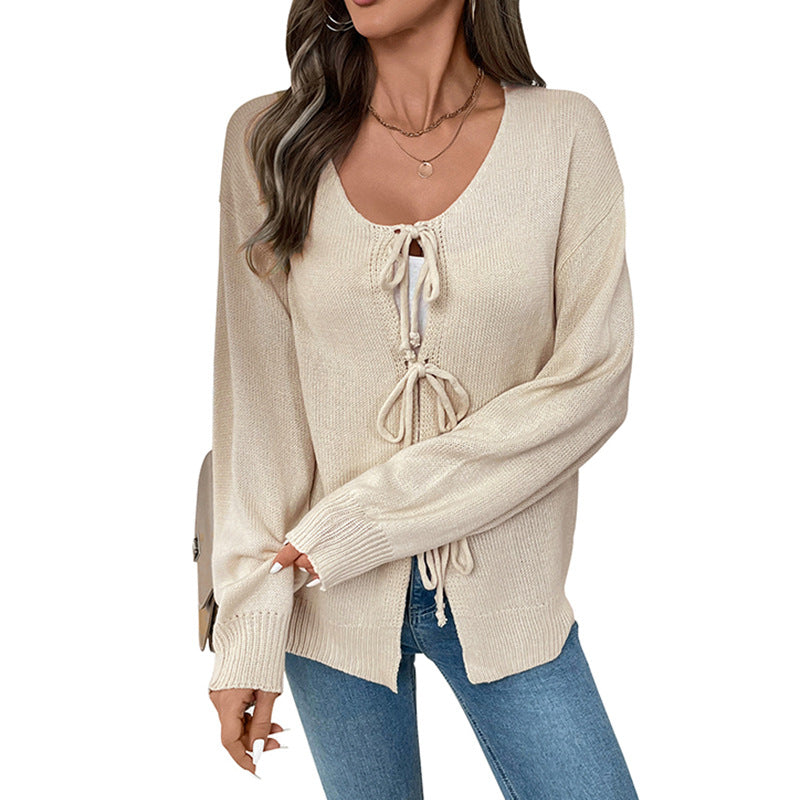 Women's Casual Oversized Knit Sweater with Front Lace-Up