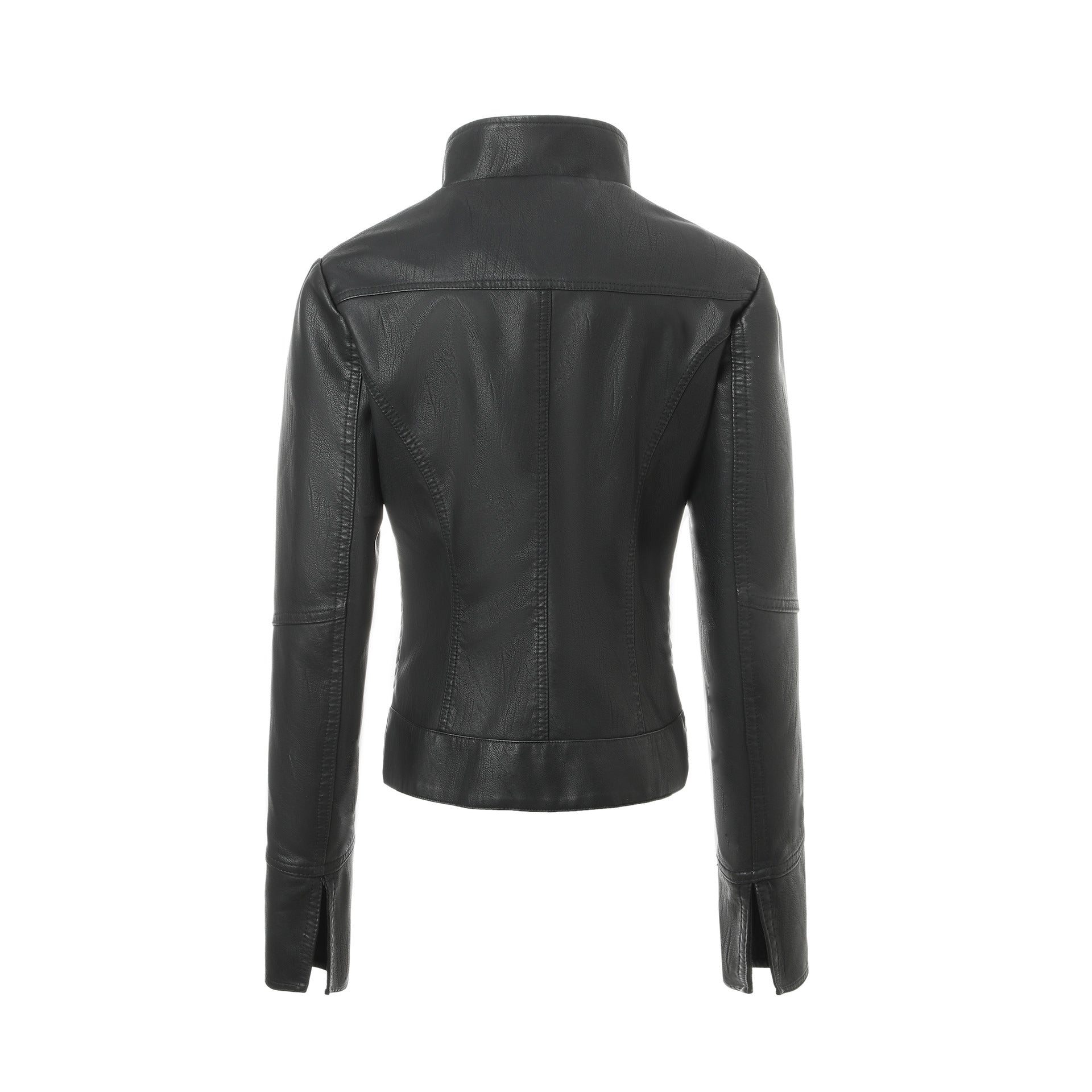 Ladies Slim Real Leather Jacket with Standing Collar, Quilted Panels and Zipper Chichicherry