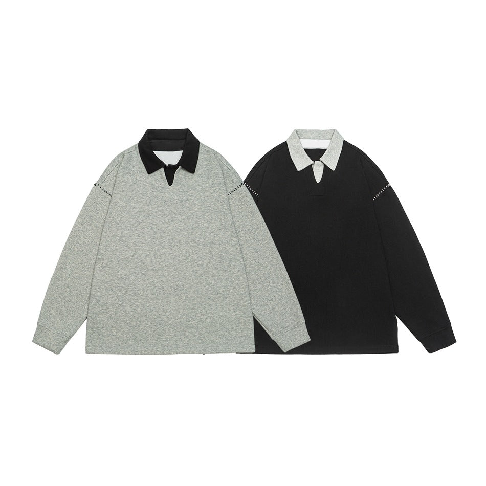 Men's Relaxed Sweatshirt with Polo Collar and Decorative Shoulder Seam Chichicherry