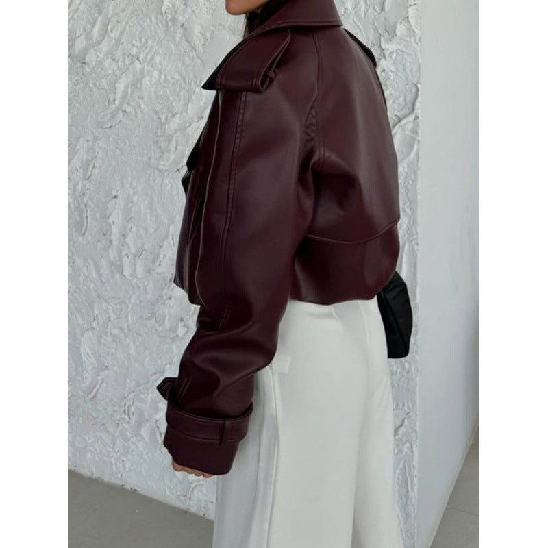 Ladies Cropped Biker Jacket made of faux leather with oversized lapels, adjustable cuffs, and epaulettes Chichicherry