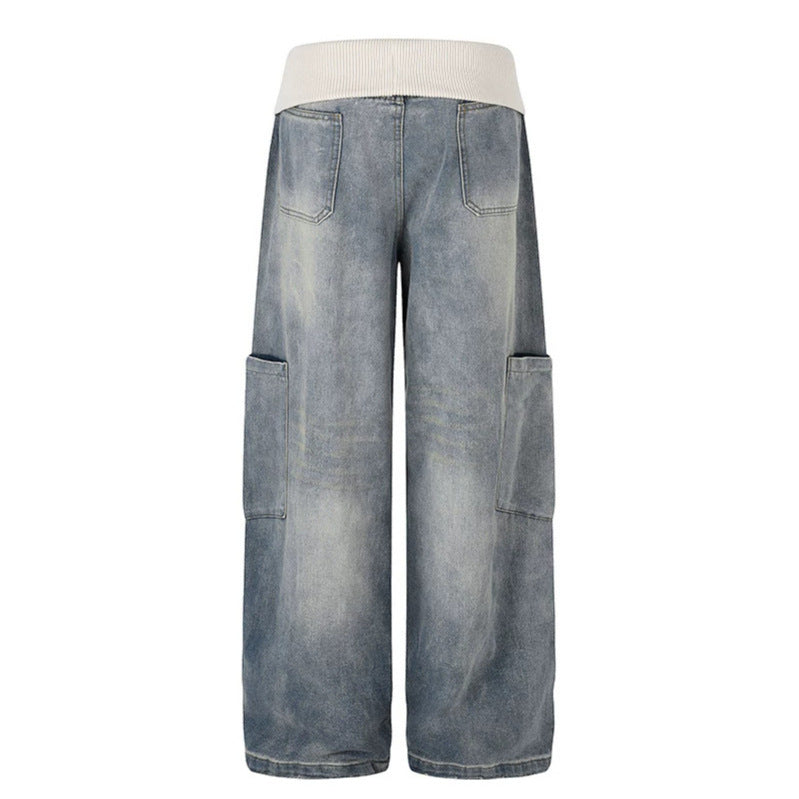 Women's Wide Denim Palazzo Cargo Pants with Comfort Ribbed Waistband and Patch Pockets Chichicherry
