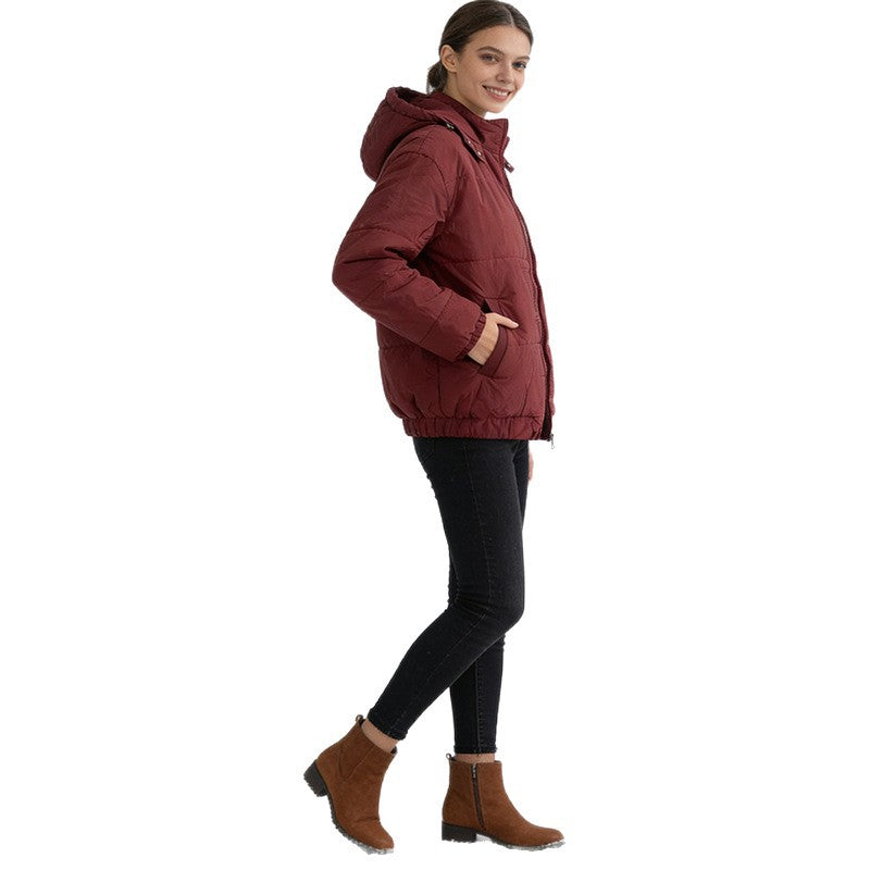 Women's Padded Quilted Jacket with Volume Hood, Elastic Hem and Adjustable Waist Chichicherry