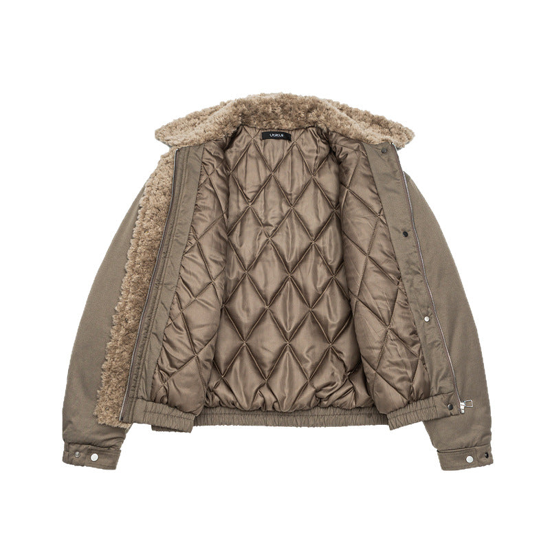 Women's Short Cut Teddy-Lined Blouson Jacket with Faux Fur Collar Chichicherry