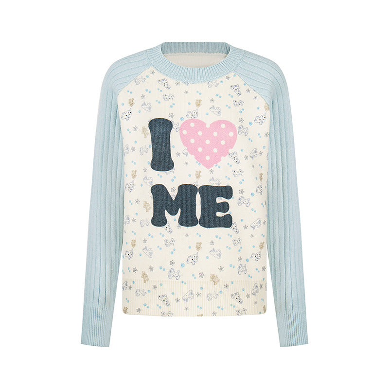 Women's fine knit pullover with appliqué statement, ribbed raglan sleeves and mini print Chichicherry