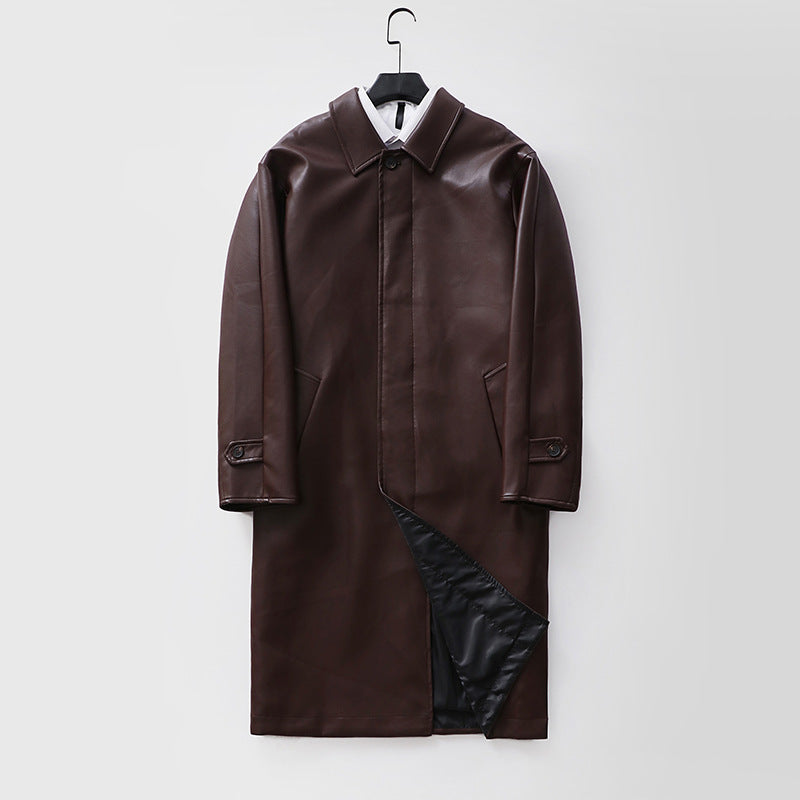 Men's longer minimalist faux leather coat with shirt collar, concealed button placket, and straight cut Chichicherry