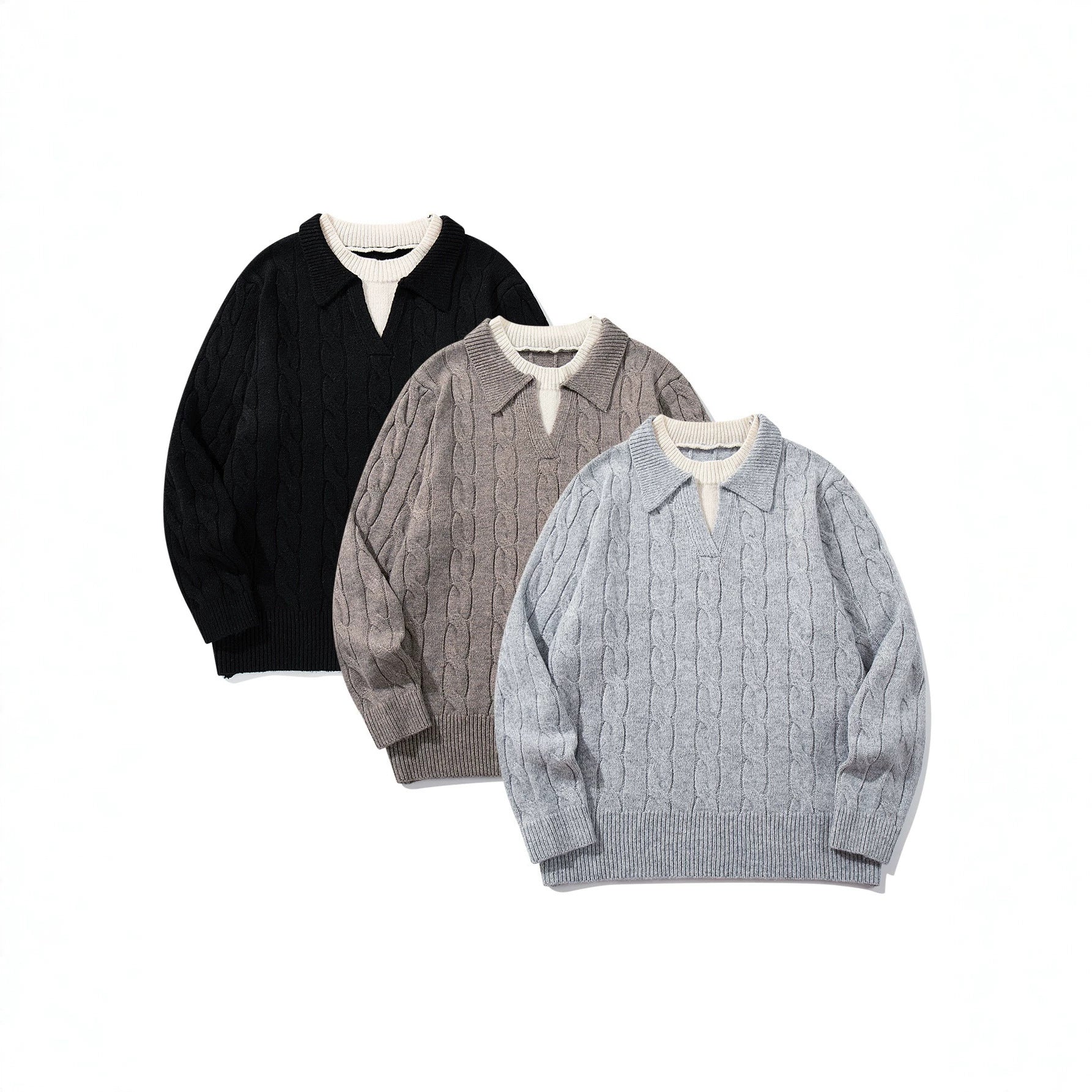Unisex Structured Cable Knit Sweater with Polo Collar and Deep V-neck Chichicherry