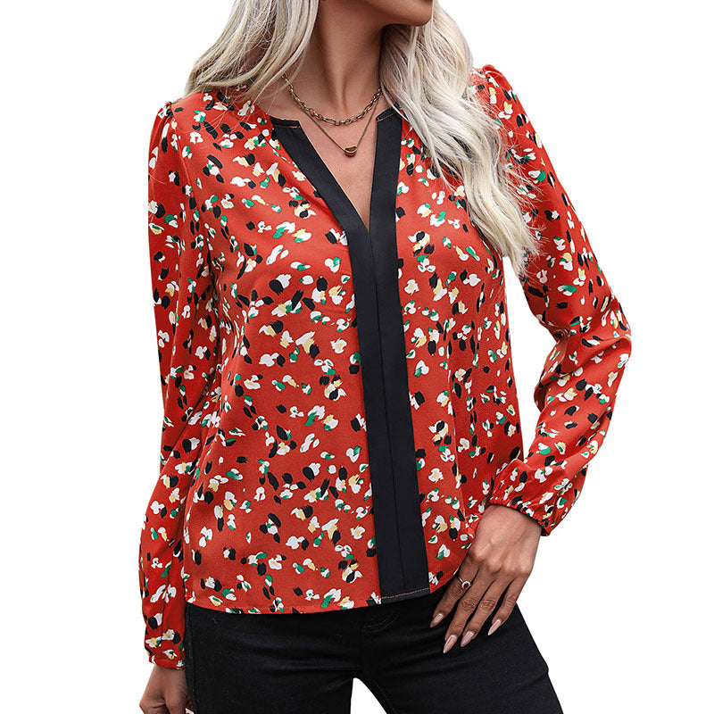 Women's Flowy V-Neck Blouse with Contrasting Decorative Trim and Elastic Cuffs