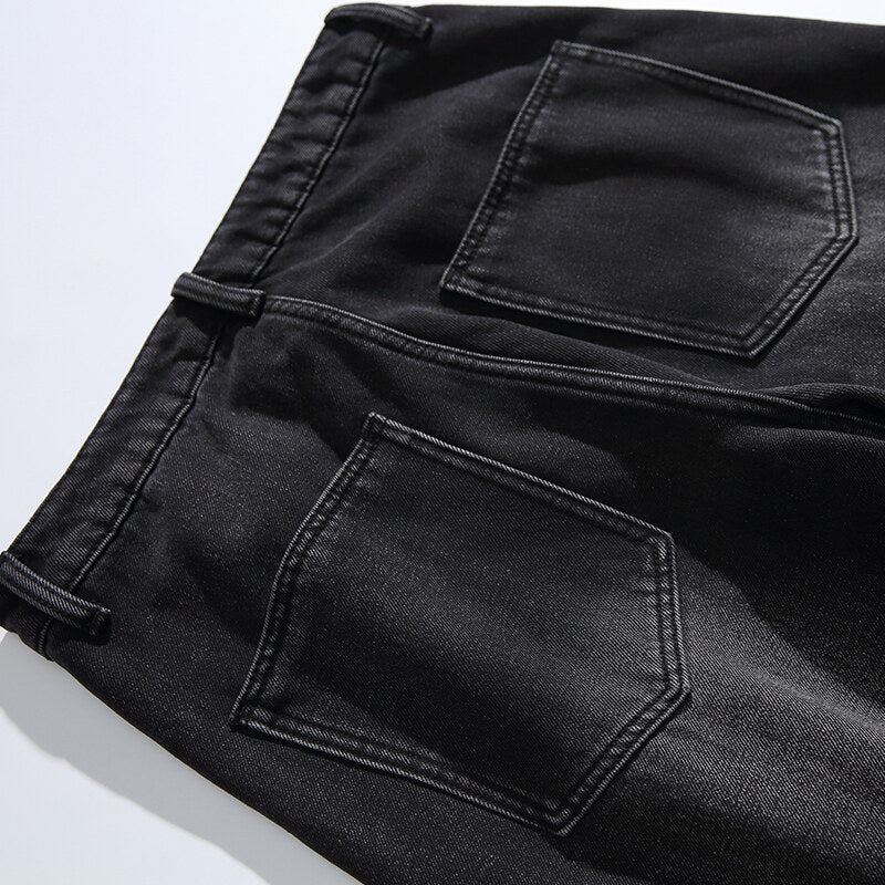Men's Wide Vintage Denim Cargo Pants with Distinctive Seam Details and Patch Pockets Chichicherry