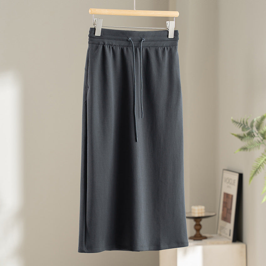 Women's midi skirt made of soft jersey with elastic waistband and drawstring Chichicherry