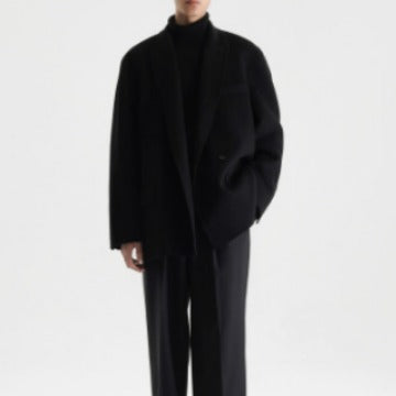Men's Boxy Wool Blend Short Coat with Double Button and Notched Lapel Chichicherry