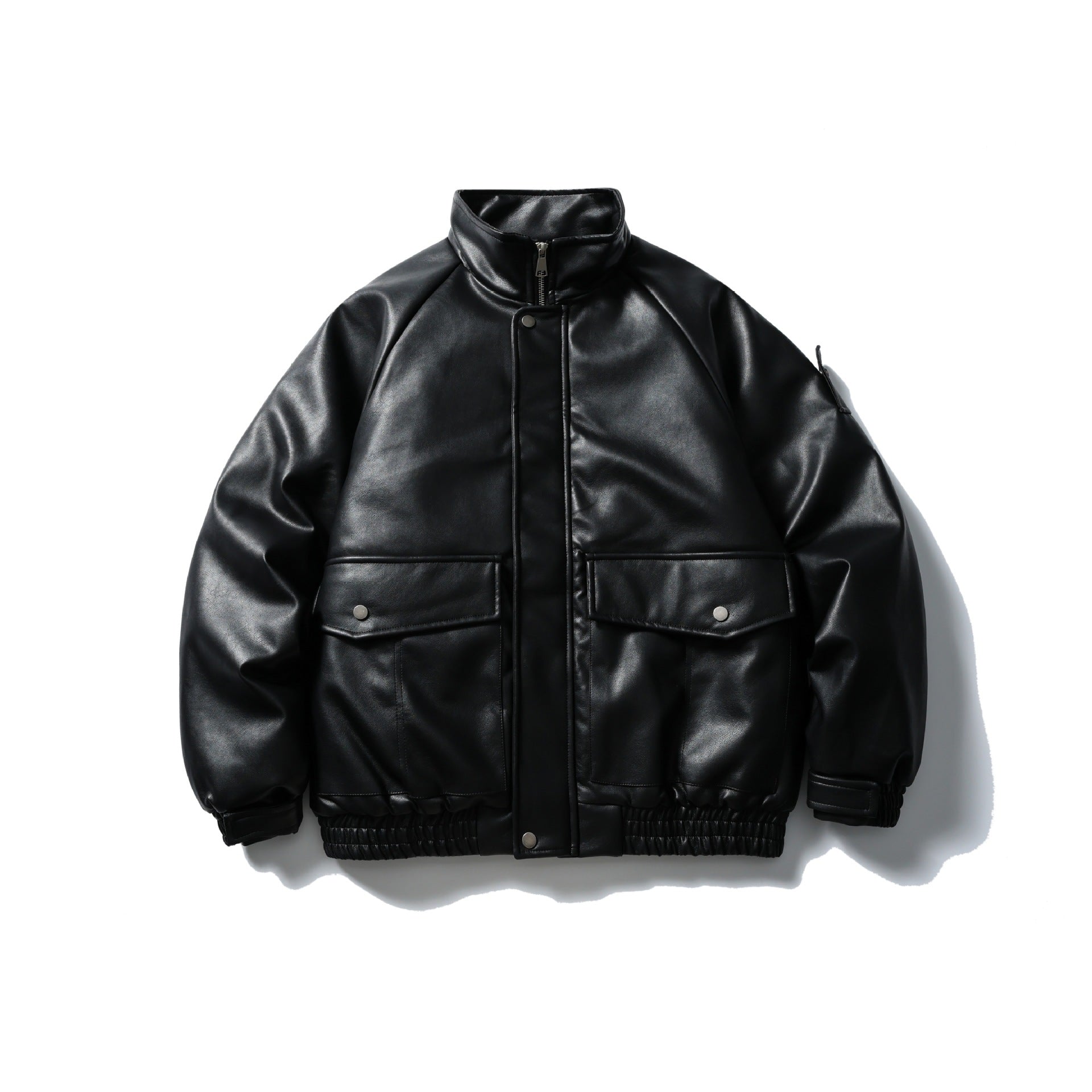 Men's Padded Faux Leather Bomber Jacket with High Stand-up Collar and Flap Pockets Chichicherry