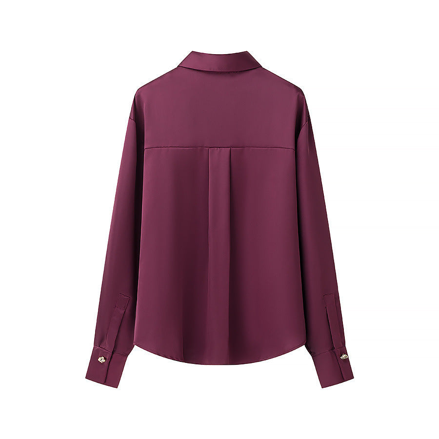 Women Silk Look Blouse with Decorative Buttons and Shirt Collar Chichicherry