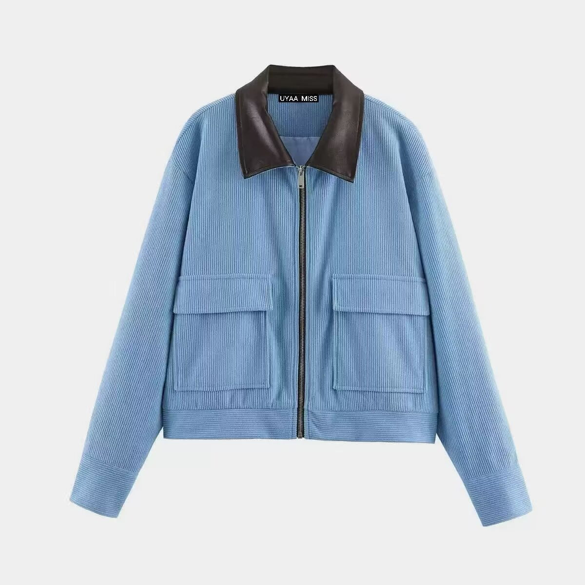 Women's Short Cord Jacket in Blouson Style with Leather Collar and Flap Pockets Chichicherry