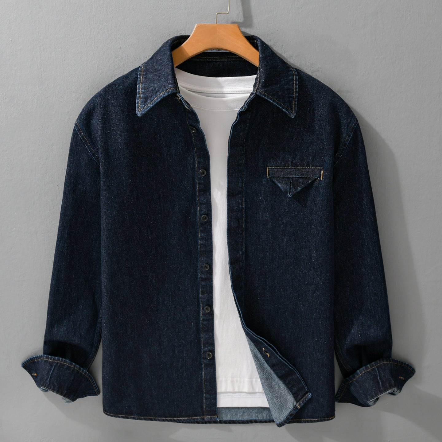 Men's denim overshirt in worker style with concealed button placket Chichicherry