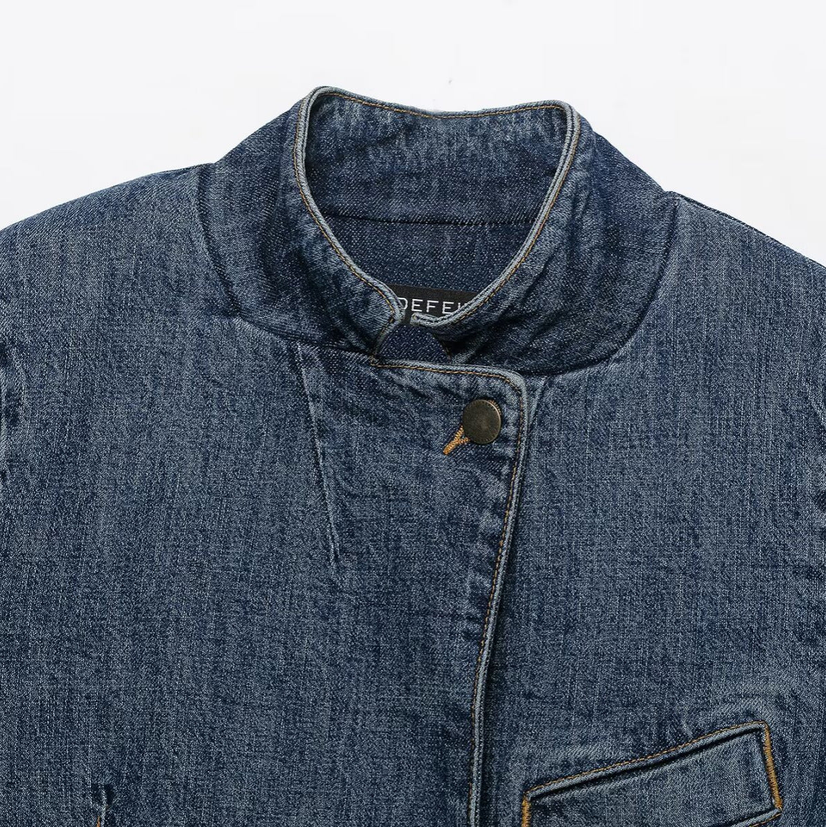 Women's Cropped Denim Jacket in Boxy Cut with Stand Collar and Concealed Button Placket Chichicherry