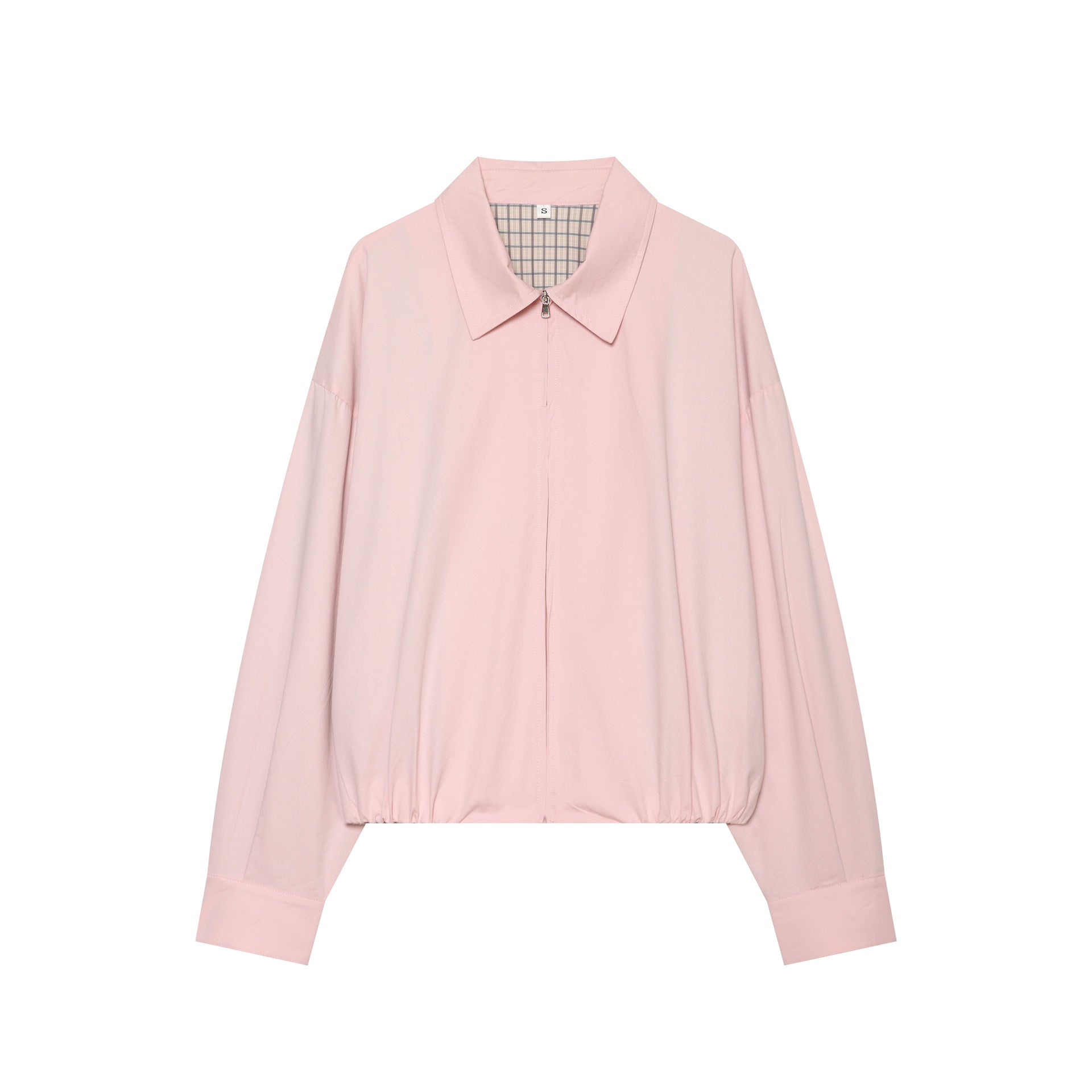 Women's Cropped Bomber Jacket with Shirt Collar, Elastic Hem and Checked Lining Chichicherry