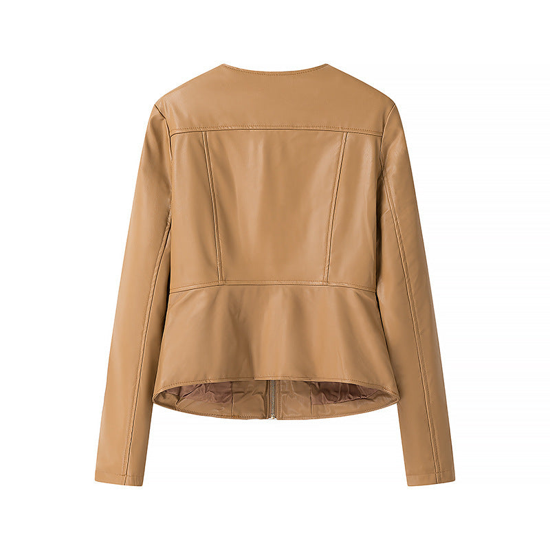 Women's leather jacket without collar with tailored fit and full zip Chichicherry