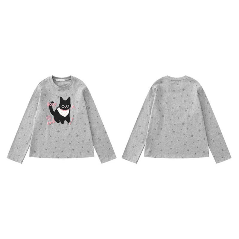 Women's Relaxed-Fit Long Sleeve with Cartoon Cat Motif and Tonal Star Pattern Chichicherry