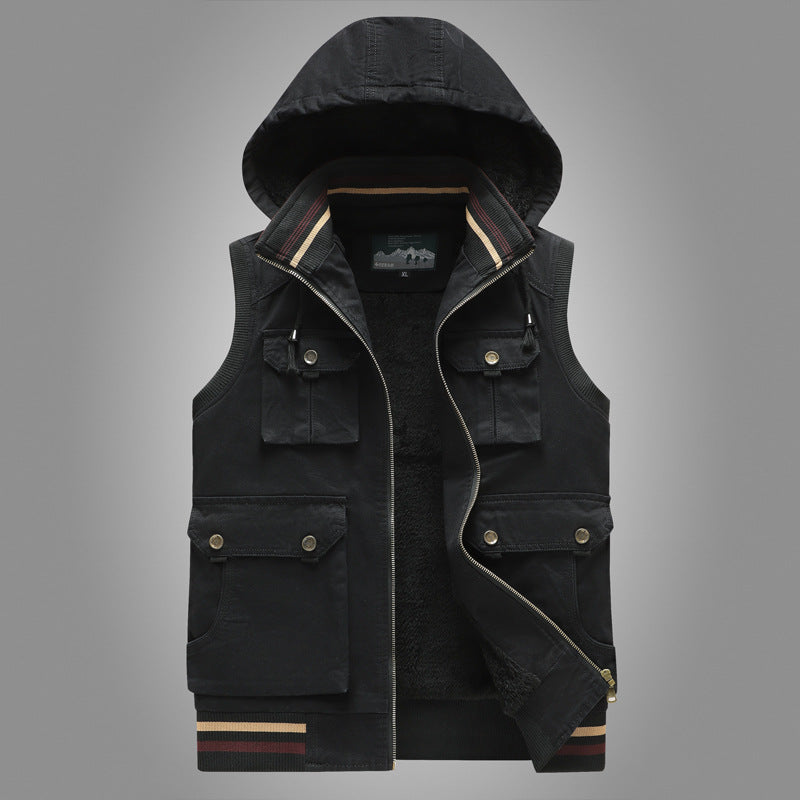 Men's hooded vest with teddy lining and multifunctional utility pockets Chichicherry